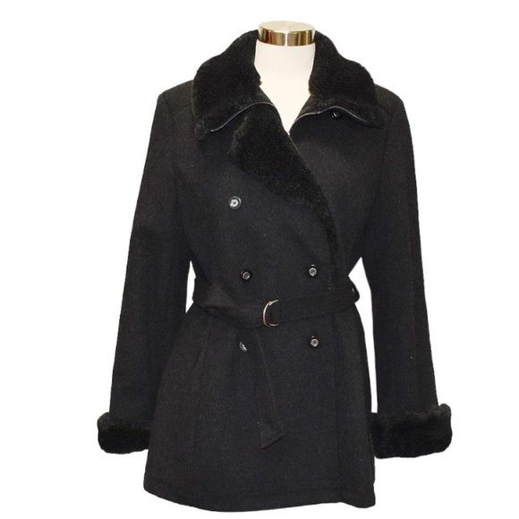 Charles Klein Dark Grey Wool with Black Faux Fur Belted Pea Coat * Size 12 - Picture 1 of 9